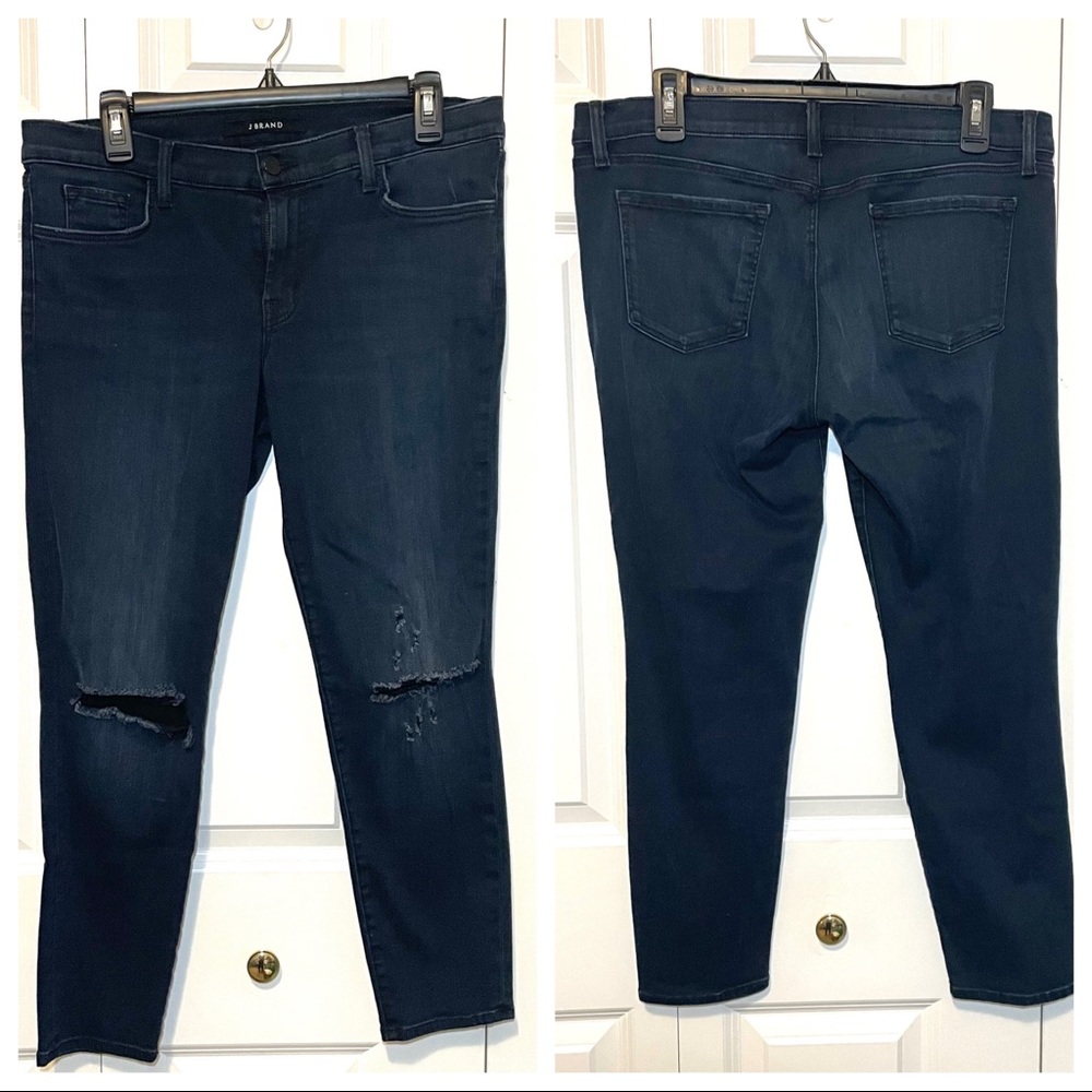 J Brand Split Knee Ankle Jeans Cropped Denim 32 Black Sea Dark Wash